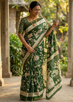 SOFT MASLIN  MULMUL COTTON WITH HEVY ZARI BORDER GREEN SAREE WITH BLOUSE