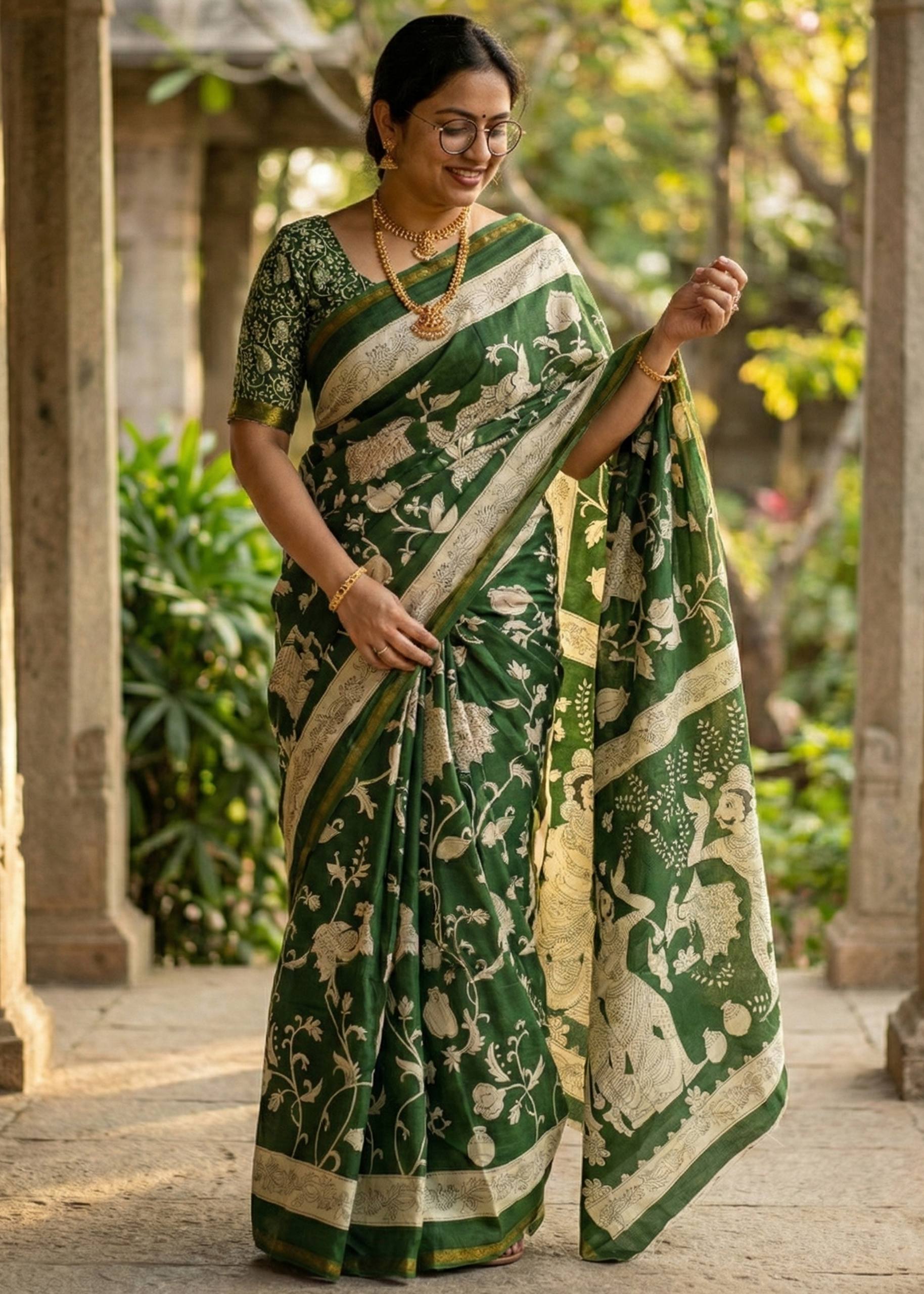 SOFT MASLIN  MULMUL COTTON WITH HEVY ZARI BORDER GREEN SAREE WITH BLOUSE