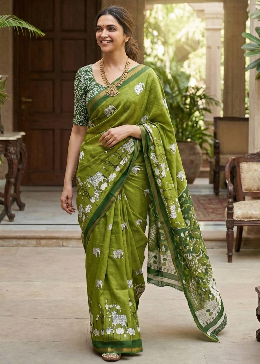 SOFT MASLIN COTTON WITH HEVY ZARI BORDER MEHANDI GREEN SAREE WITH BLOUSE