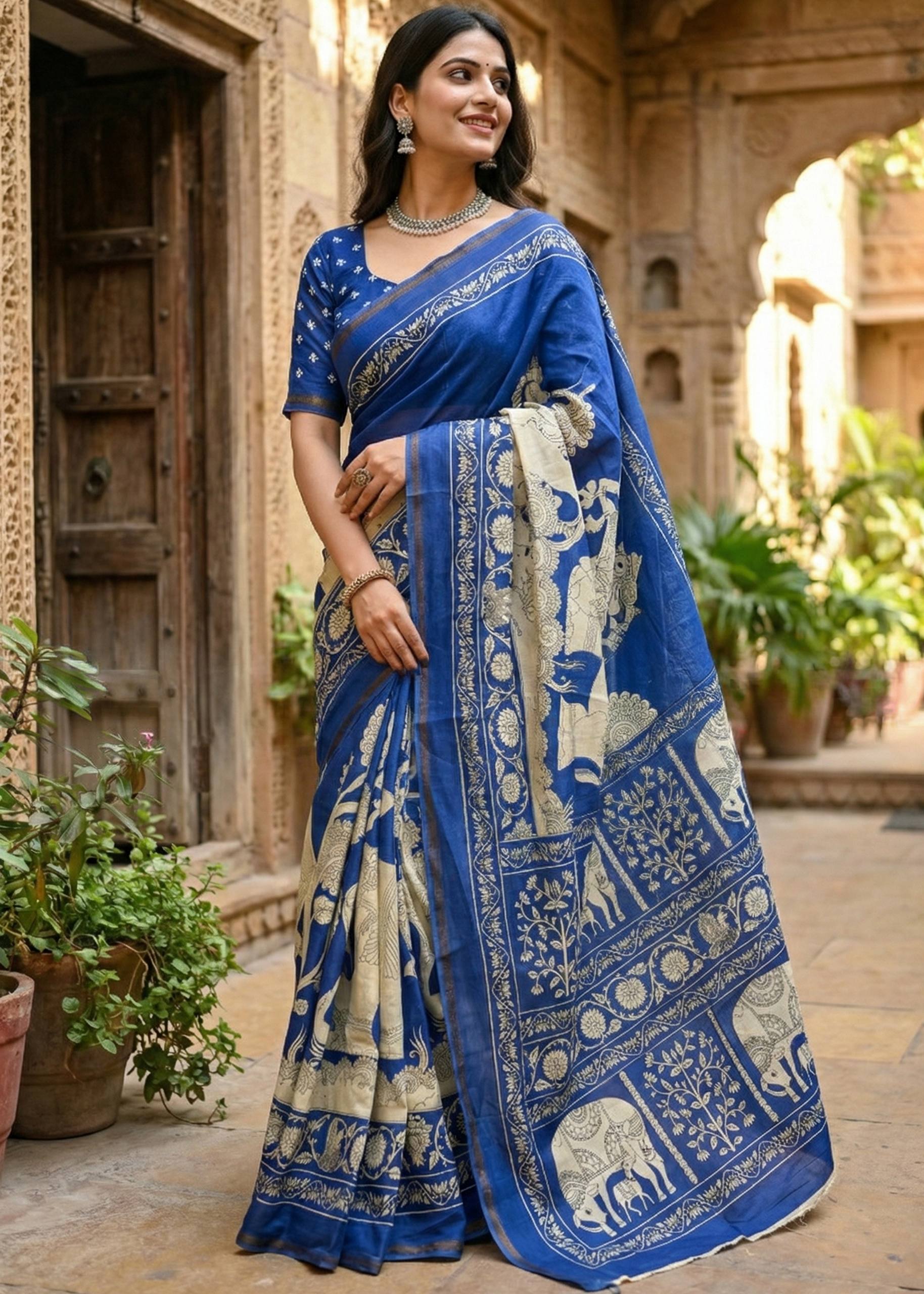 SOFT MASLIN COTTON WITH HEVY ZARI BORDER BLUE SAREE WITH BLOUSE