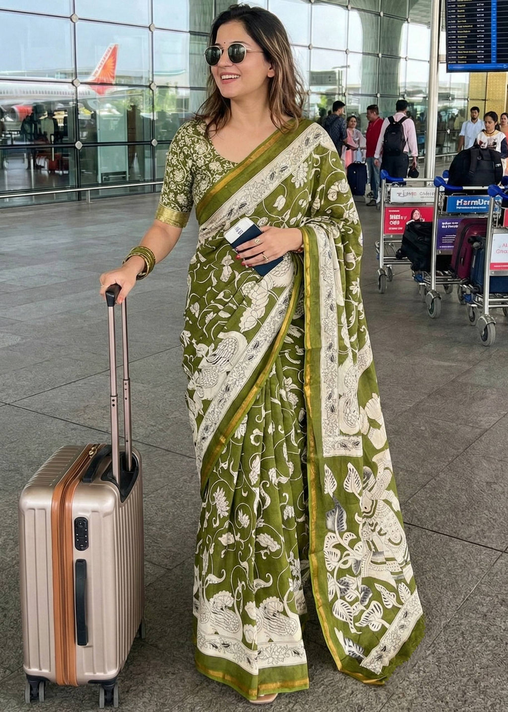 SOFT MASLIN COTTON WITH HEVY ZARI BORDER MEHANDI GREEN SAREE WITH BLOUSE