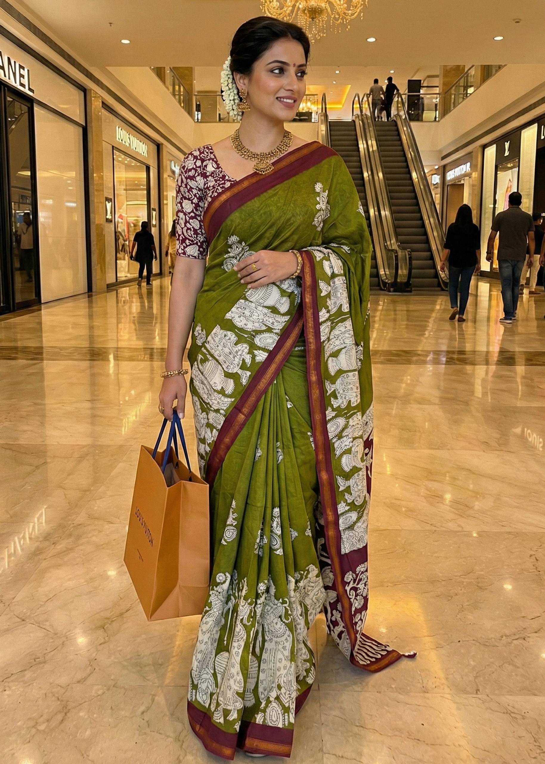 SOFT MASLIN MULMUL COTTON WITH HEVY ZARI BORDER MEHANDI GREEN SAREE WITH BLOUSE
