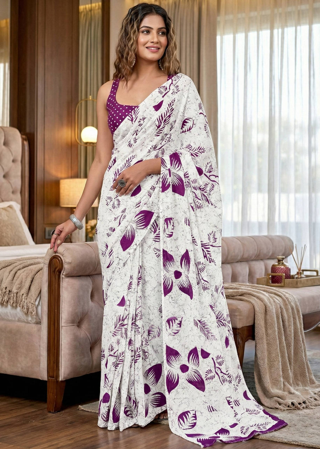 PURE MULMUL COTTON FLORAL STYLE HAND BLOCK PRINT WHITE SAREE WITH BLOUSE