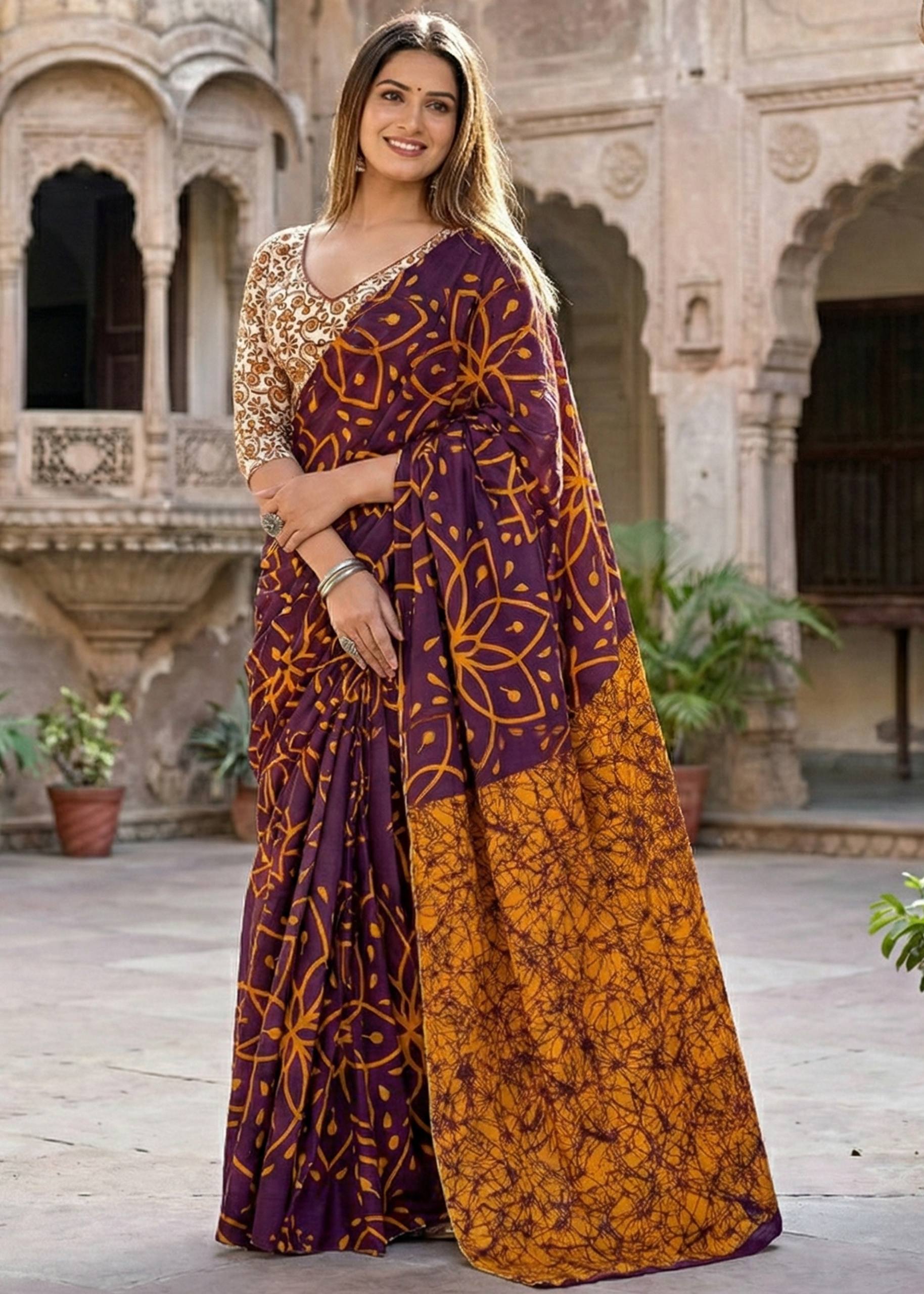 PURE MULMUL COTTON BATIK STYLE HAND BLOCK PRINT MAROON SAREE WITH BLOUSE