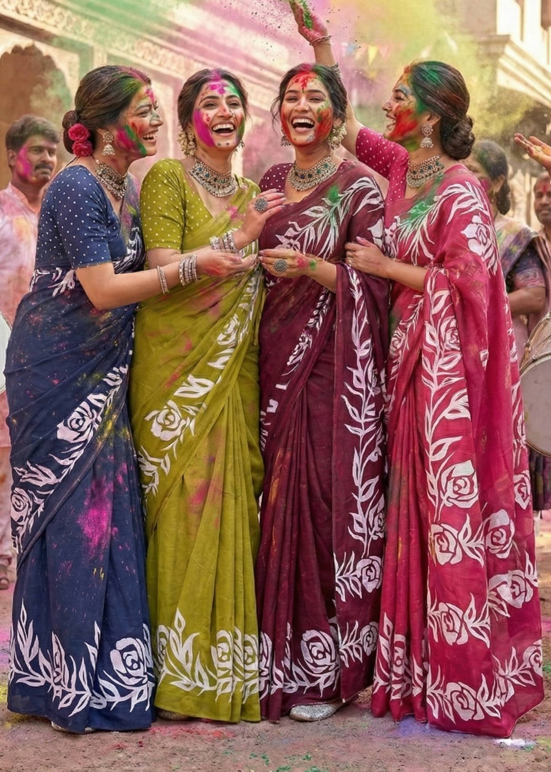 PURE MULMUL COTTON HAND BLOCK FLORAL PRINT MEHANDI GREEN SAREE WITH BLOUSE