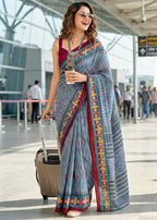 PURE MULMUL COTTON IKKAT PRINT GREY SAREE WITH BLOUSE