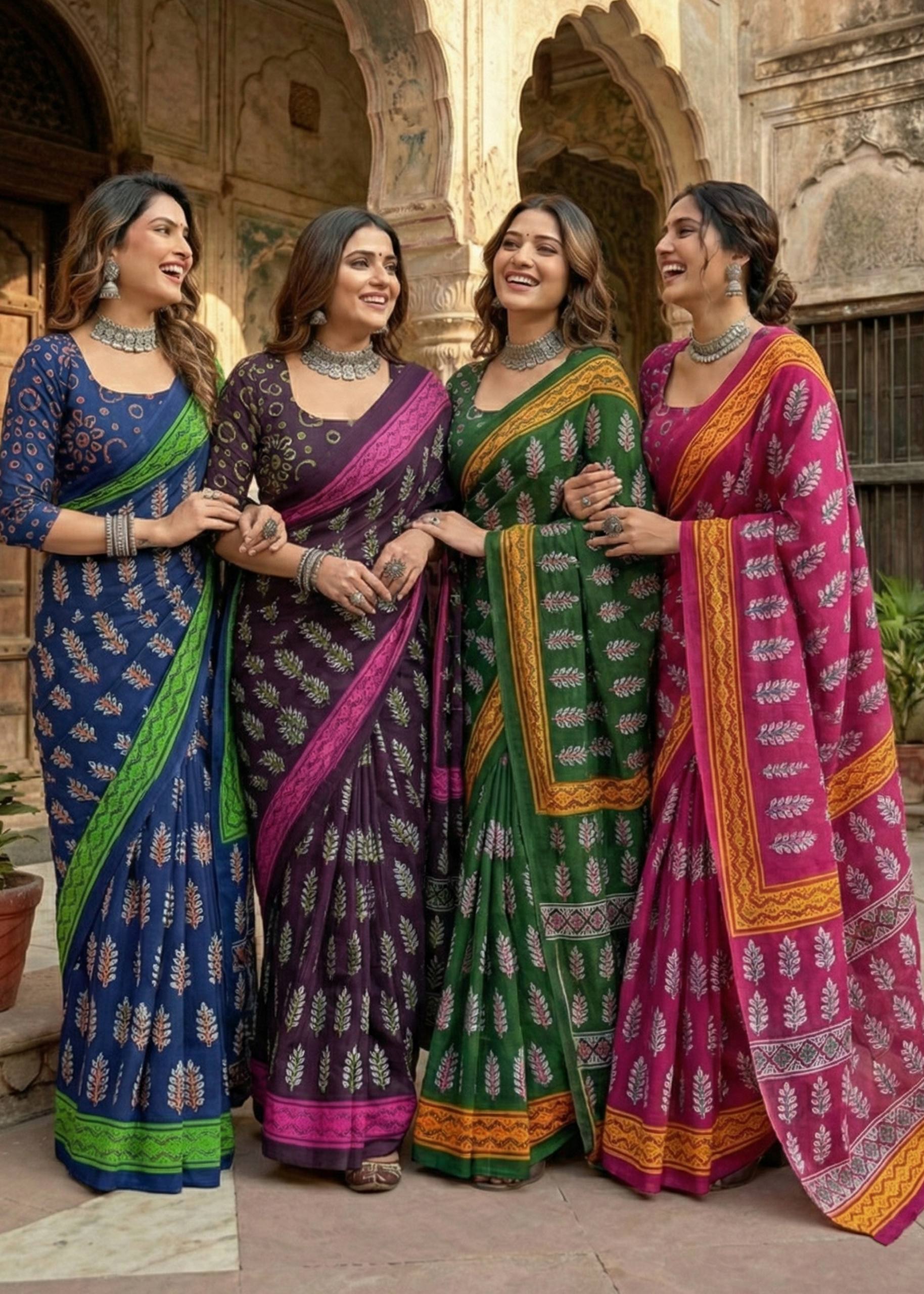 PURE MULMUL COTTON HAND BLOCK PRINT BLUE SAREE WITH BLOUSE