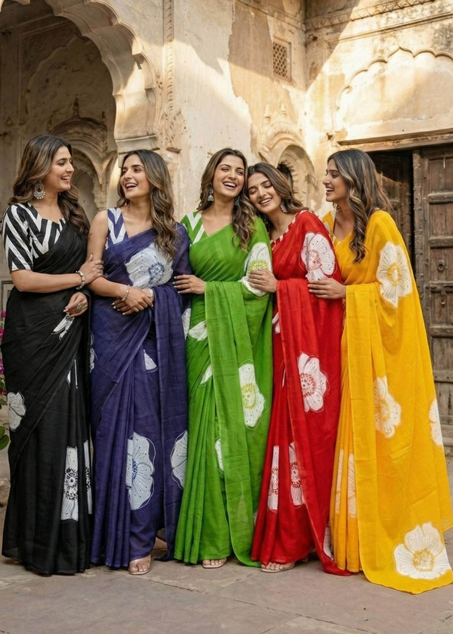 PURE MULMUL COTTON HAND BLOCK PRINT FLOWER TEST GREEN SAREE WITH BLOUSE