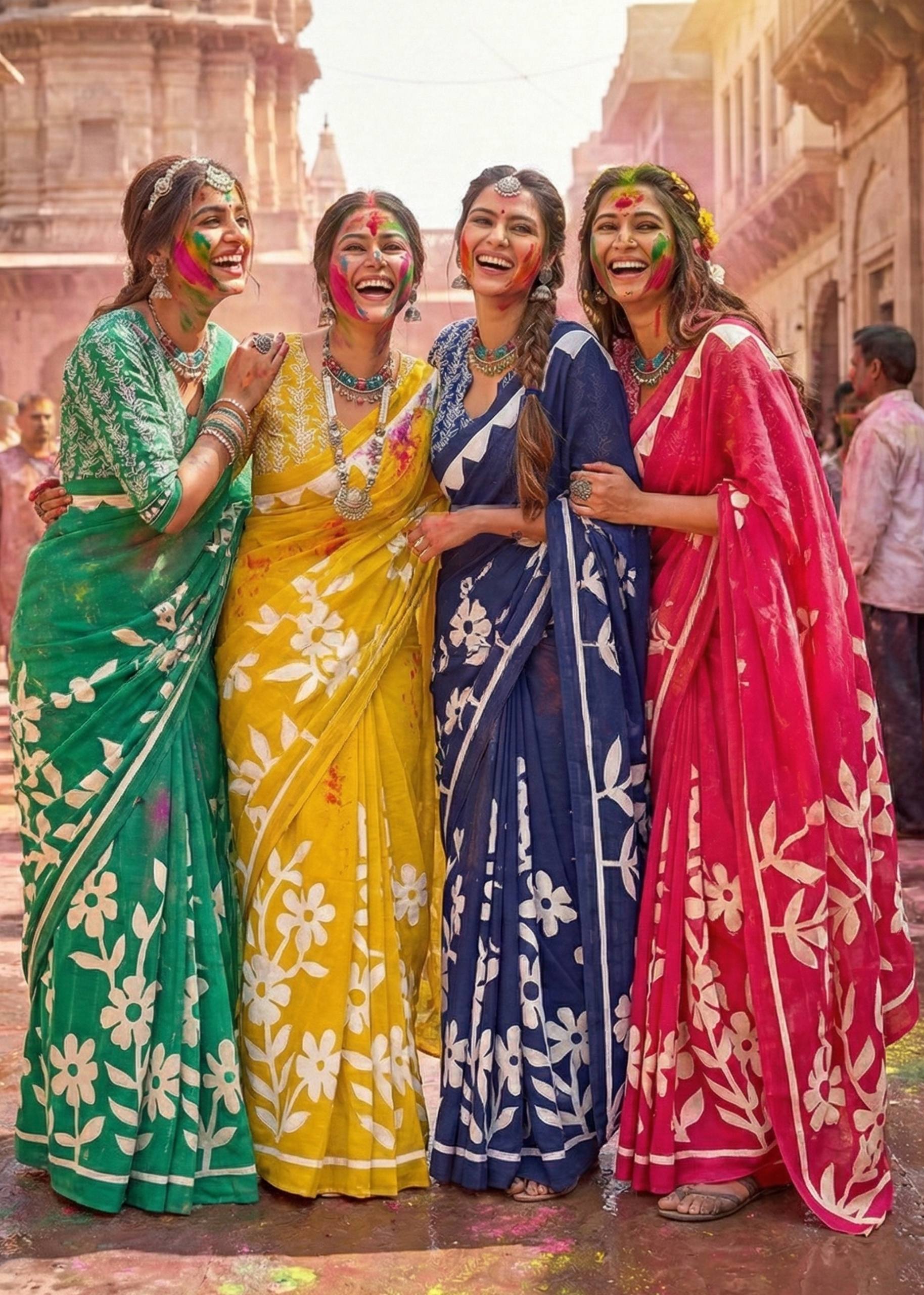 PURE MULMUL COTTON FLORAL BLOCK PRINTE BLUE SAREE WITH BLOUSE