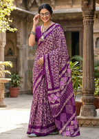PURE MULMUL COTTON BATIK PRINT PURPLE SAREE WITH BLOUSE