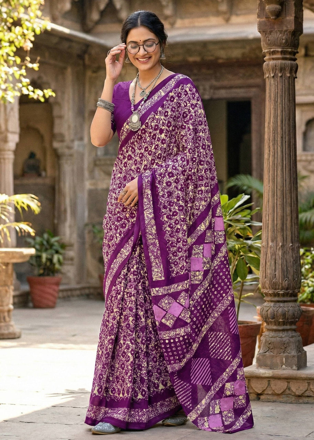 PURE MULMUL COTTON BATIK PRINT VOILET SAREE WITH BLOUSE