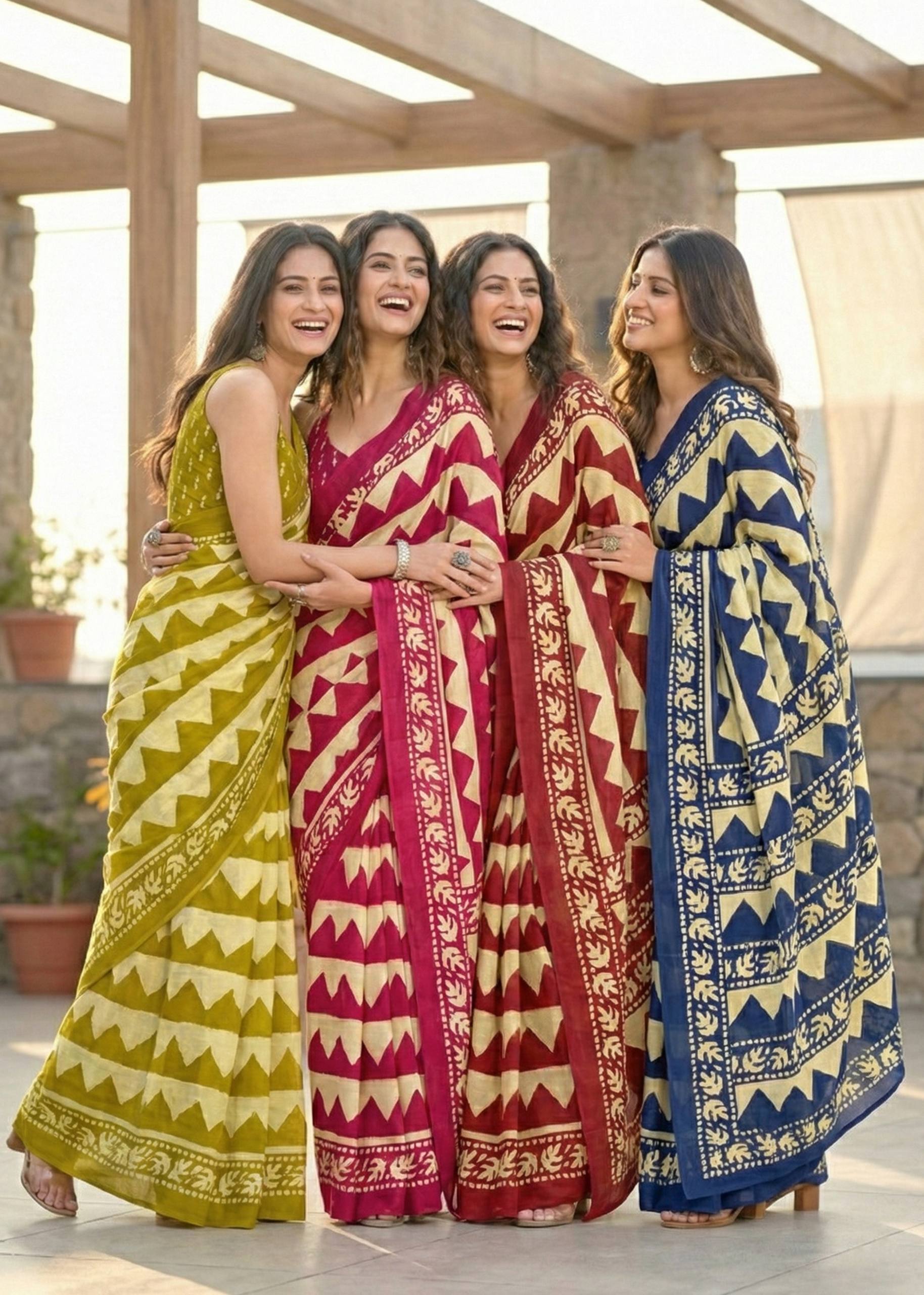 PURE MULMUL COTTON ZIGZAG HAND BLOCK PRINT PINK SAREE WITH BLOUSE