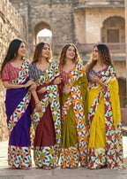 PURE MULMUL COTTON FLORAL PRINT BLOCK PRINT YELLOW SAREE WITH BLOUSE