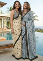 PURE COTTON JAIPURI BLOCK PRINT BEIGE SAREE WITH BLOUSE
