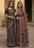 PURE MULMUL COTTON AJRAKH HAND BLOCK PRINT MAROON SAREE WITH BLOUSE