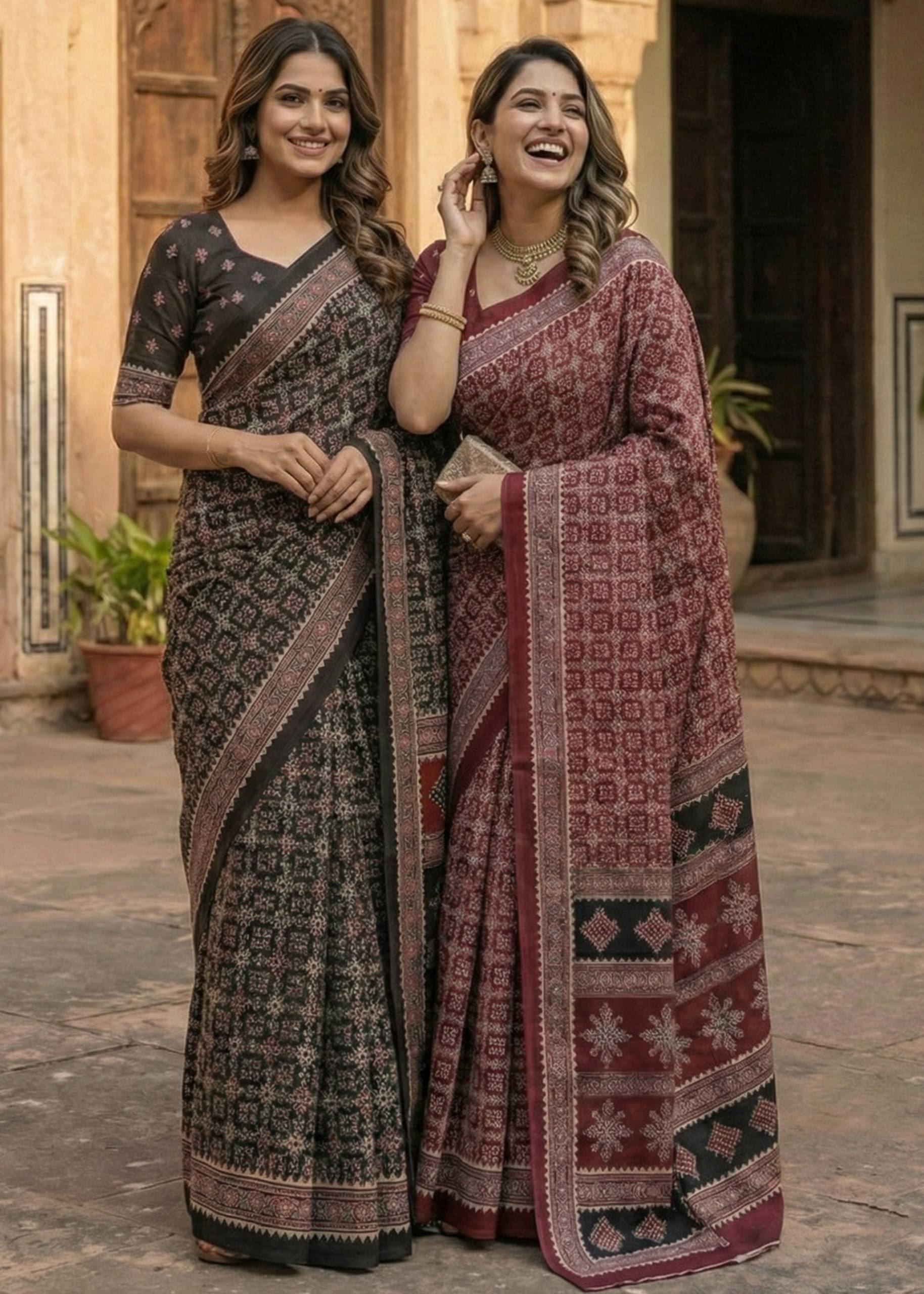 PURE MULMUL COTTON AJRAKH HAND BLOCK PRINT MAROON SAREE WITH BLOUSE