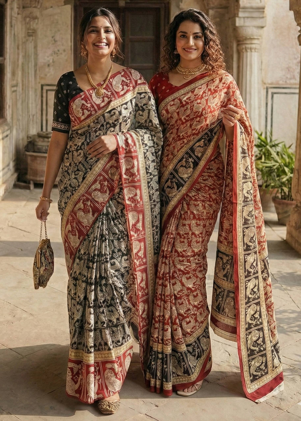 KALAMKARI PURE MULMUL COTTON RED SAREE WITH BLOUSE