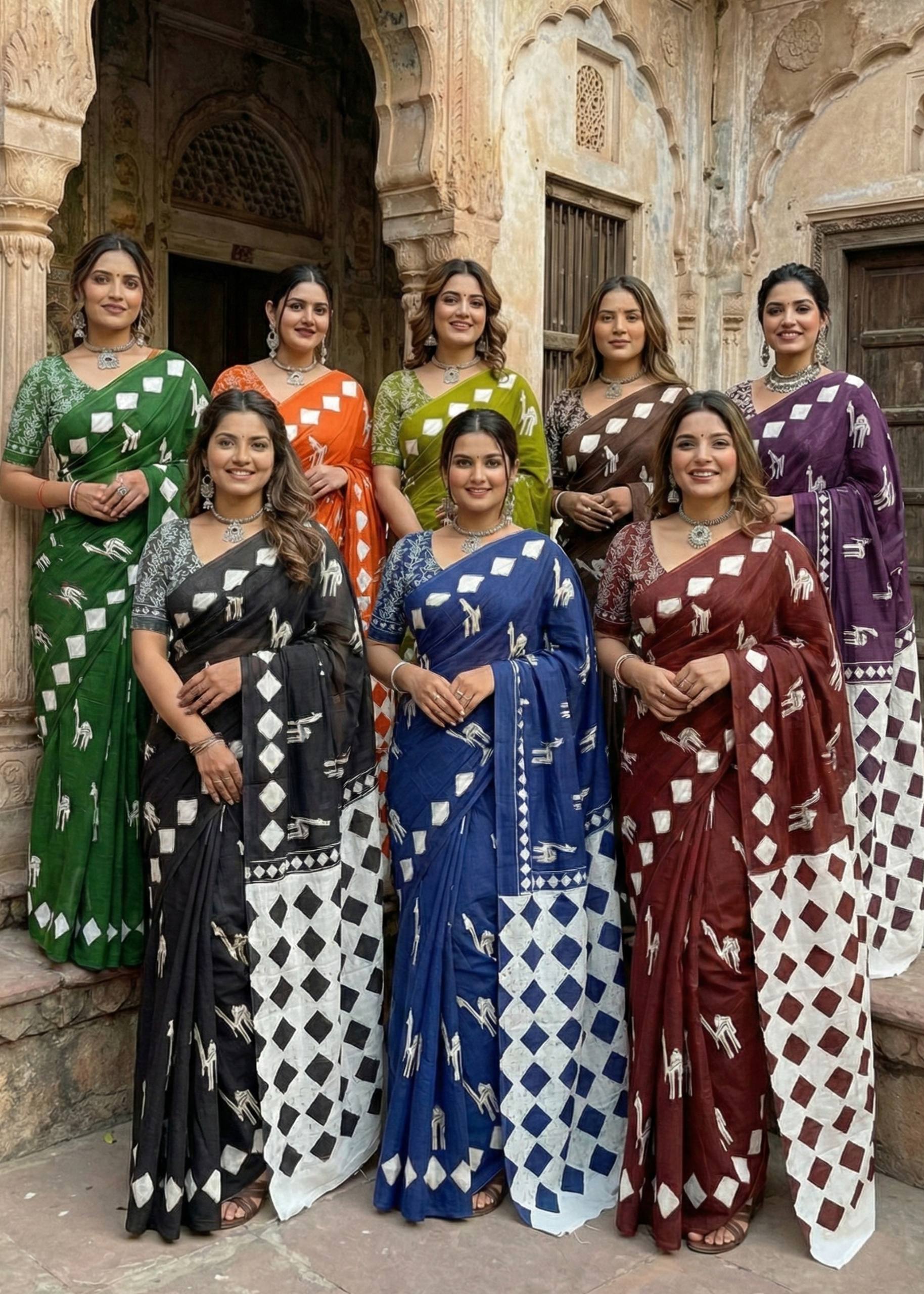PURE SOFT COTTON CEMAL PRINT MEHANDI GREEN SAREE WITH BLOUSE