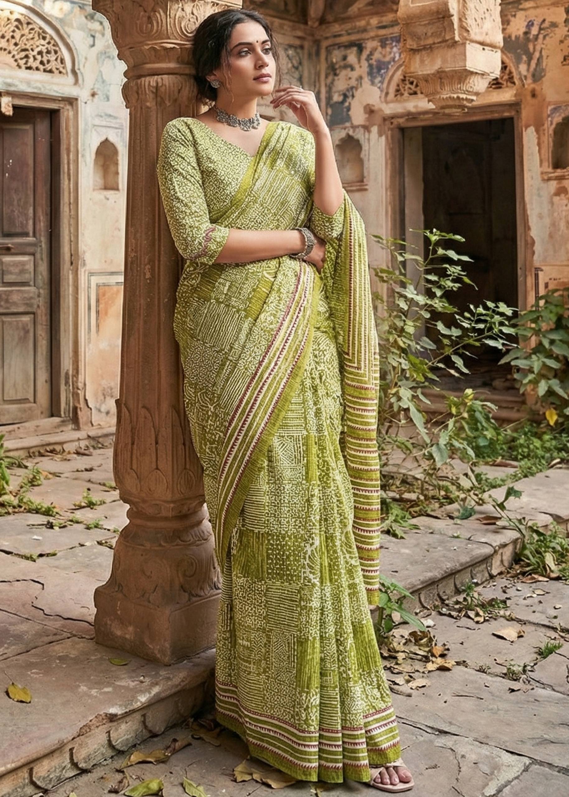 PURE SOFT COTTON BAGRU PRINT MEHANDI GREEN SAREE WITH BLOUSE