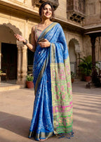 RANGT PURE SOFT COTTON BANDHANI AND AJRAK BLOCK PRINT BLUE AND GREEN SAREE WITH BLOUSE