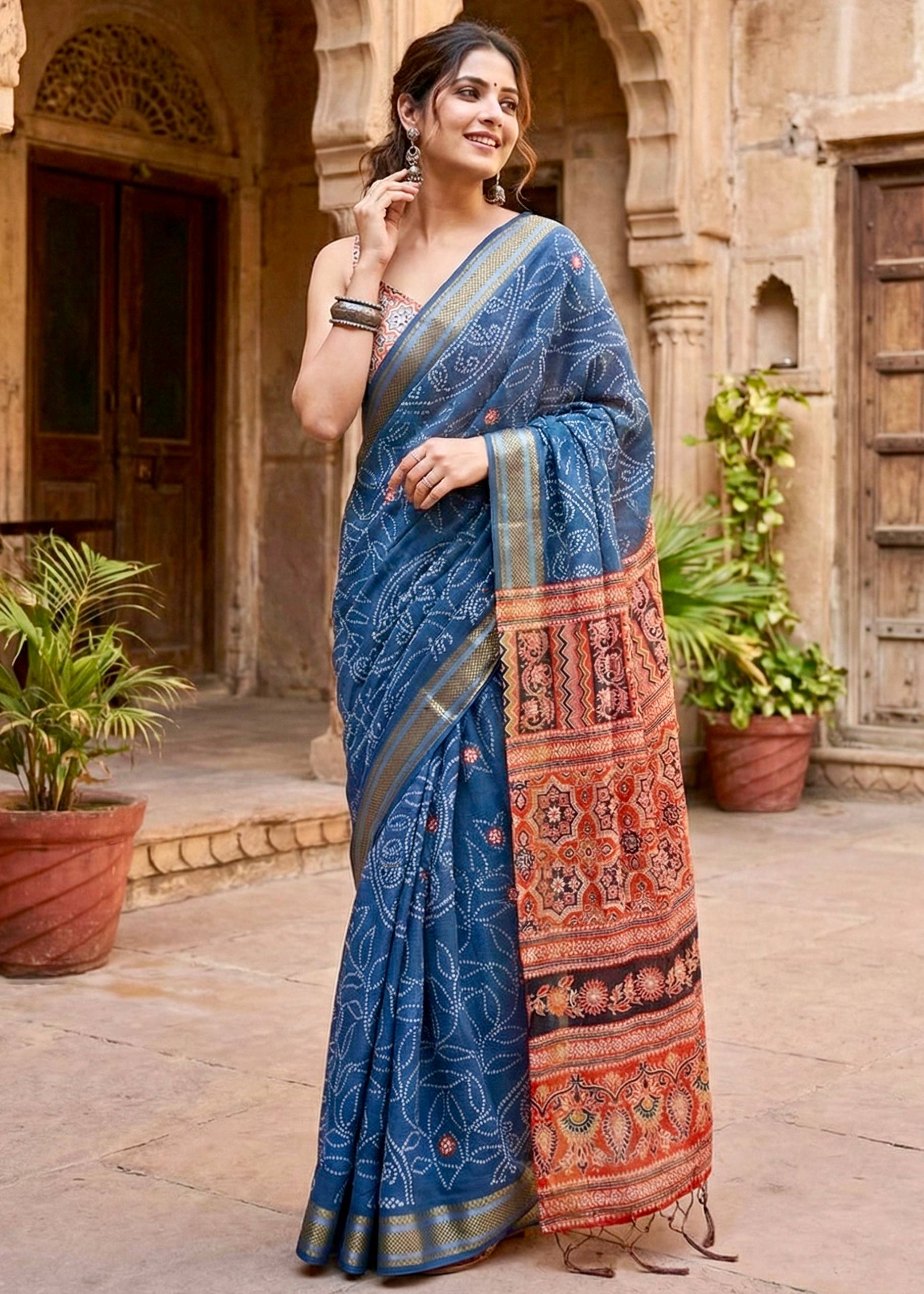 RANGT PURE SOFT COTTON BANDHANI AND AJRAK BLOCK PRINT BLUE SAREE WITH BLOUSE