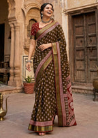 MULMUL COTTON  BAGRU PRINT HEAVY ZARI BORDER BROWN SAREE WITH BLOUSE