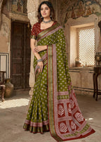 MULMUL COTTON  BAGRU PRINT HEAVY ZARI BORDER GREEN SAREE WITH BLOUSE