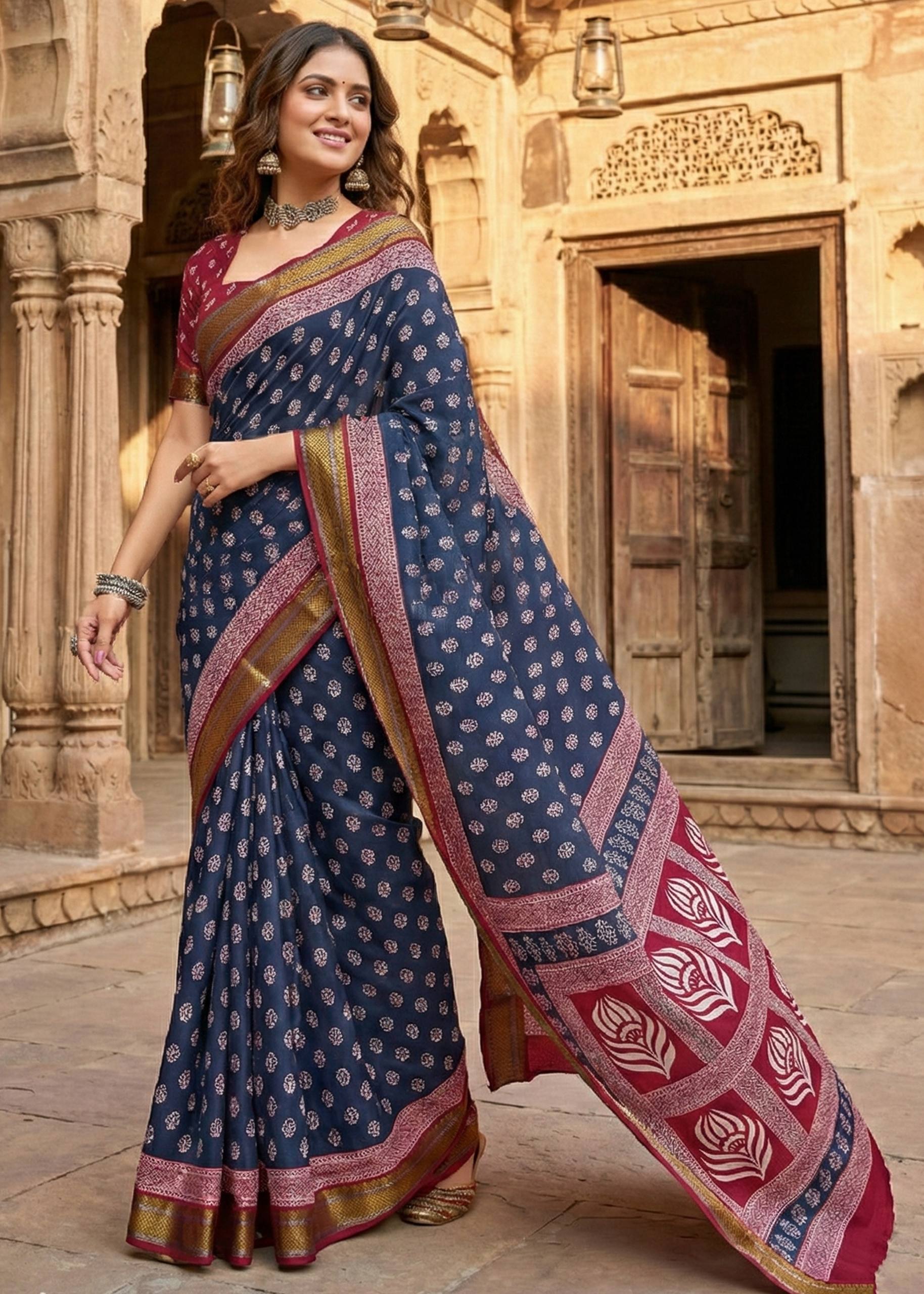 MULMUL COTTON  BAGRU PRINT HEAVY ZARI BORDER BLUE VOILET SAREE WITH BLOUSE