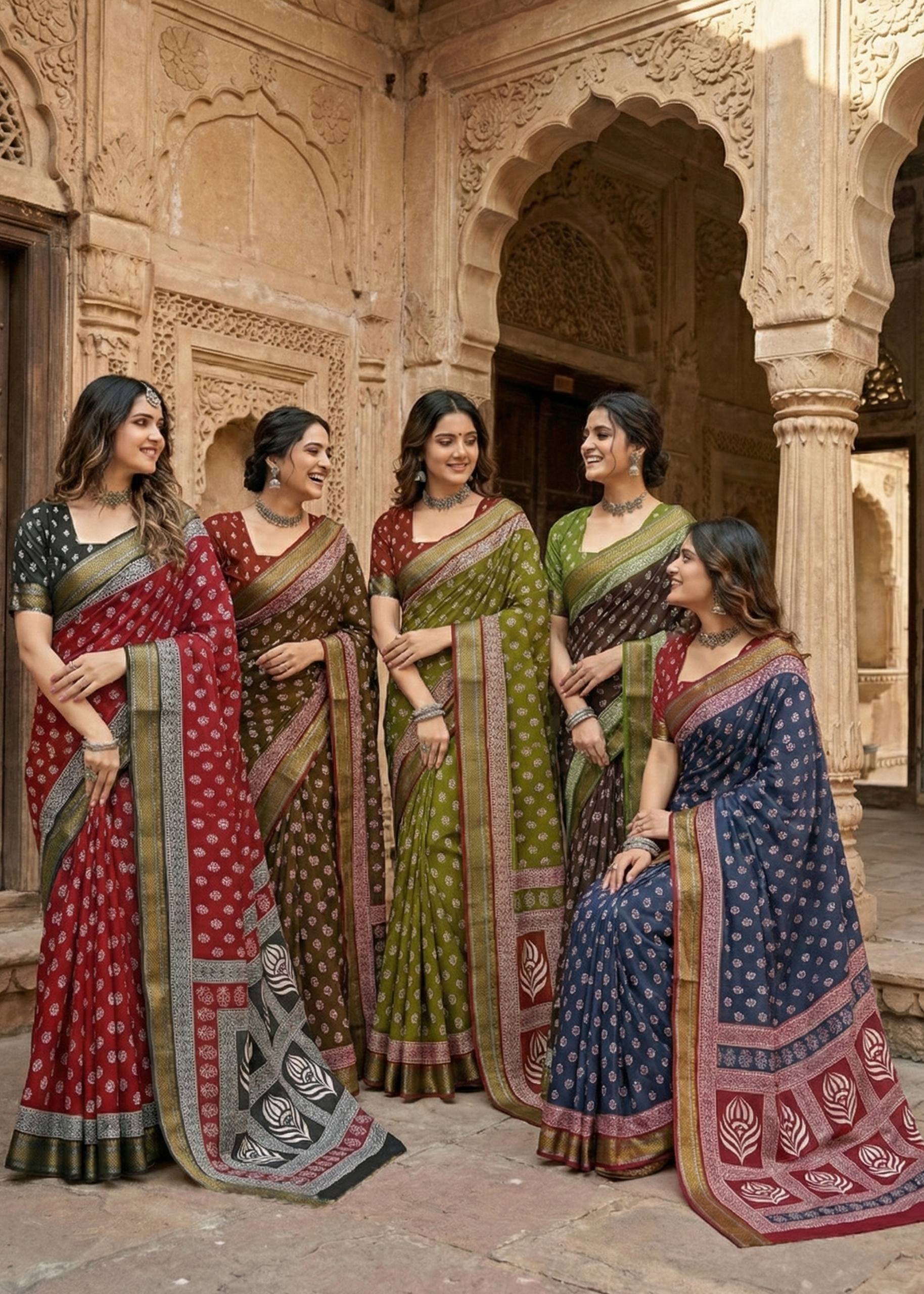 MULMUL COTTON  BAGRU PRINT HEAVY ZARI BORDER RED SAREE WITH BLOUSE