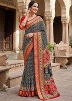 MULMUL COTTON WITH HEAVY ZARI BORDER BAGRU PRINT BLACK SAREE WITH BLOUSE