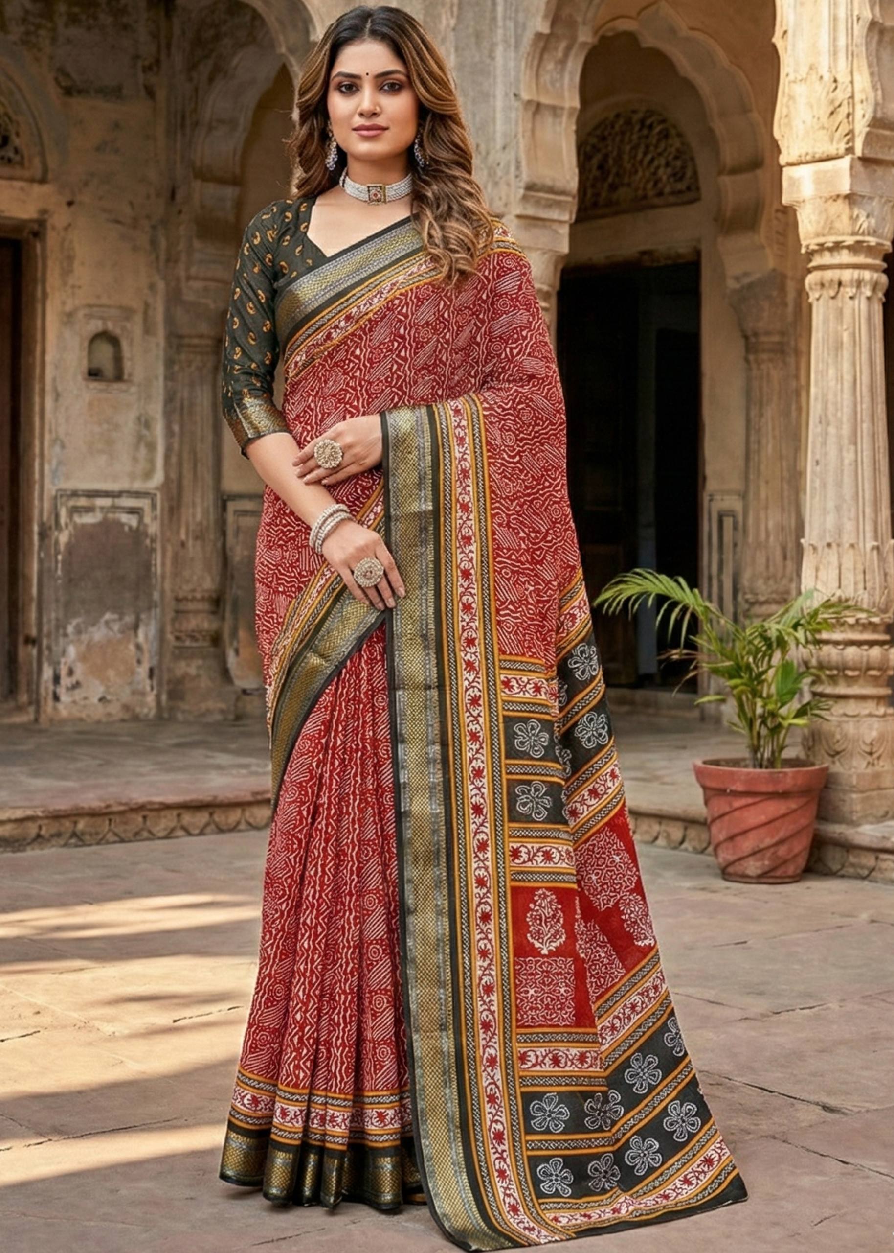 MULMUL COTTON WITH HEAVY ZARI BORDER BAGRU PRINT RED SAREE WITH BLOUSE