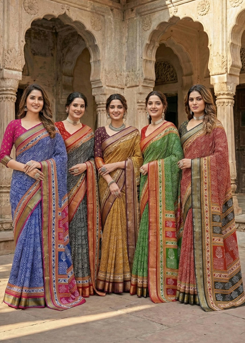 MULMUL COTTON WITH HEAVY ZARI BORDER BAGRU PRINT GREEN SAREE WITH BLOUSE
