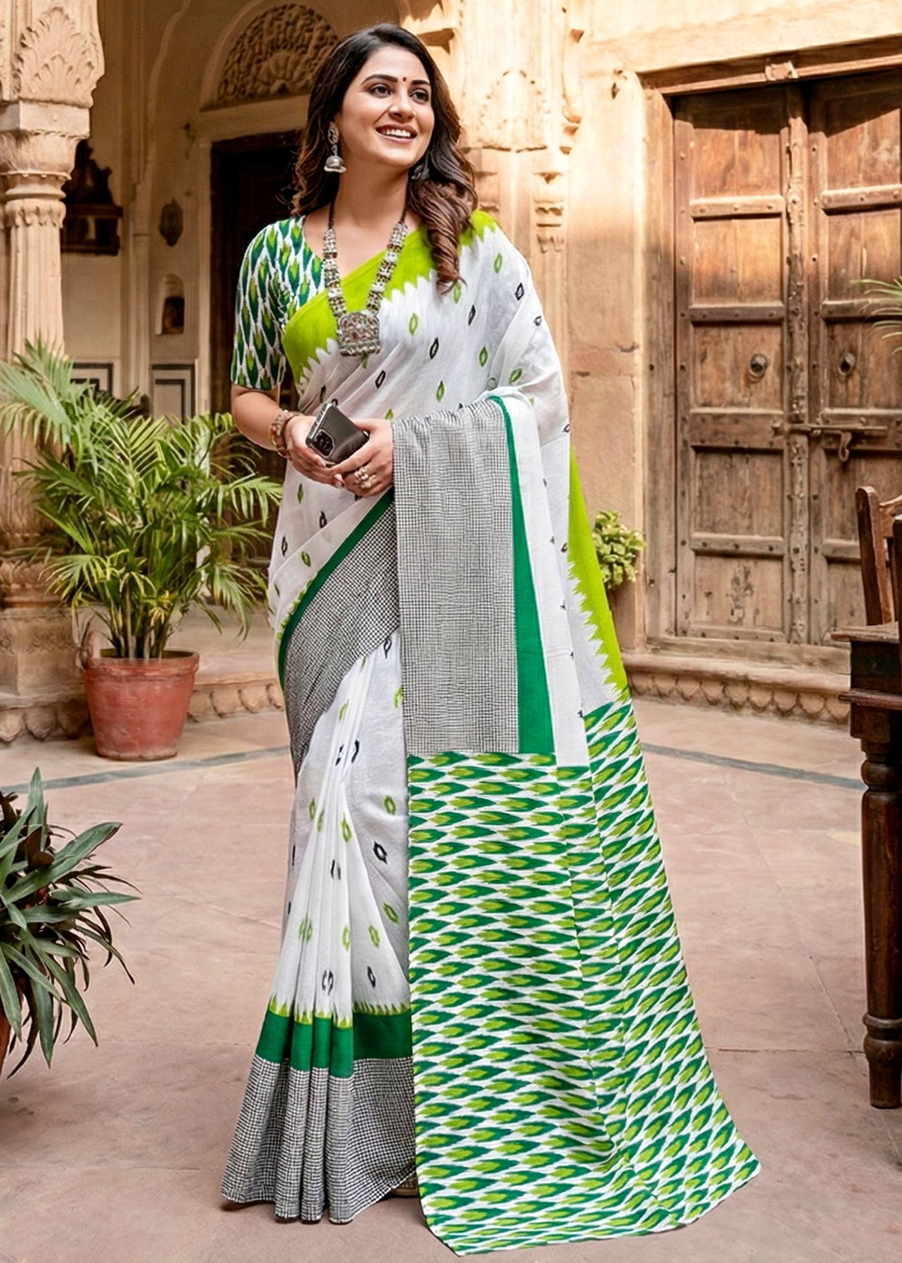 PURE SOFT COTTON HAND BAGRU BLOCK PRINT WHITE AND GREEN SAREE WITH BLOUSE