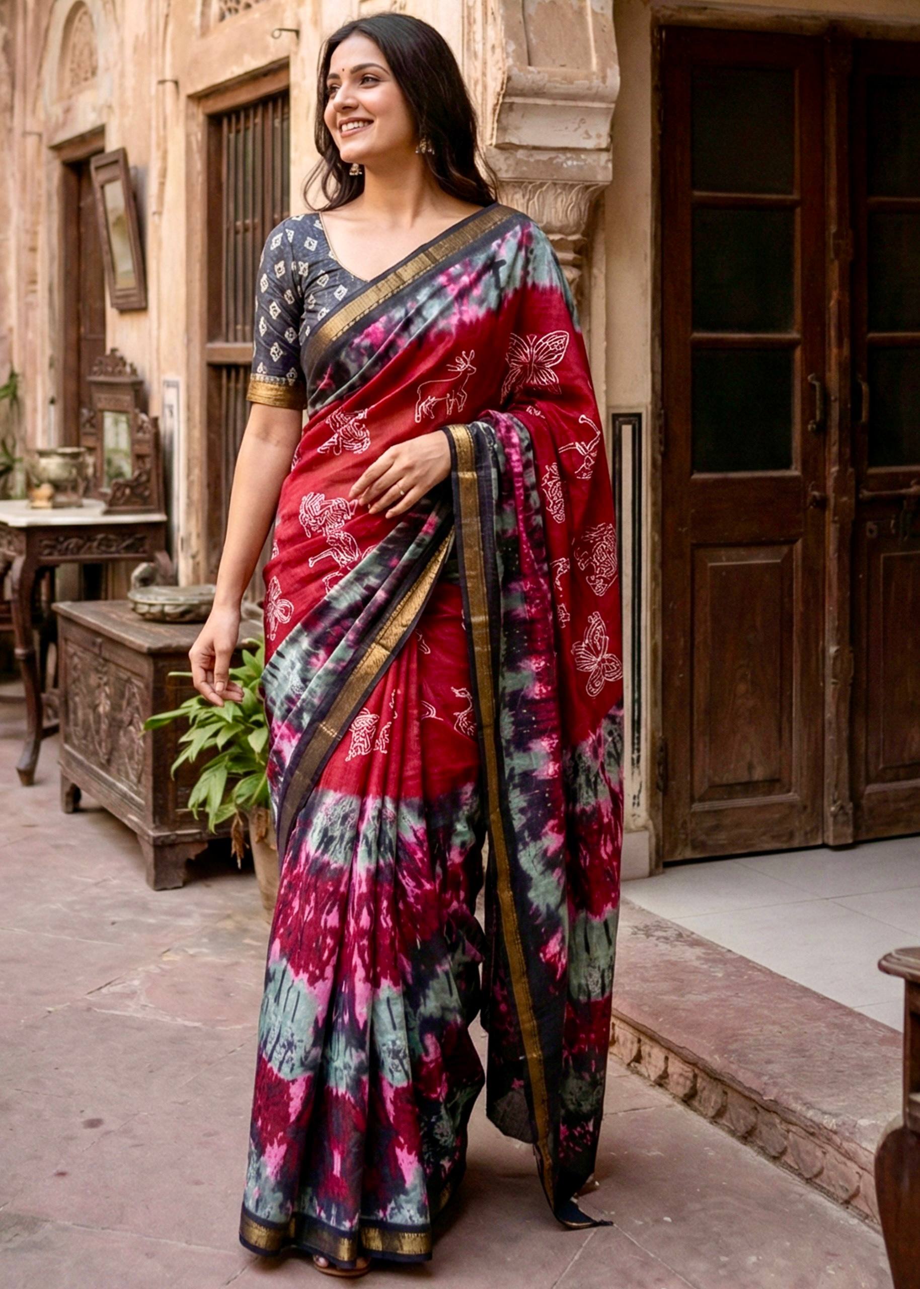 SOFT MASLIN MULMUL COTTON WITH HEAVY ZARI BORDER RED SAREE WITH BLOUSE