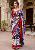 SOFT MASLIN  MULMUL COTTON WITH HEAVY ZARI BORDER BLUE SAREE WITH BLOUSE