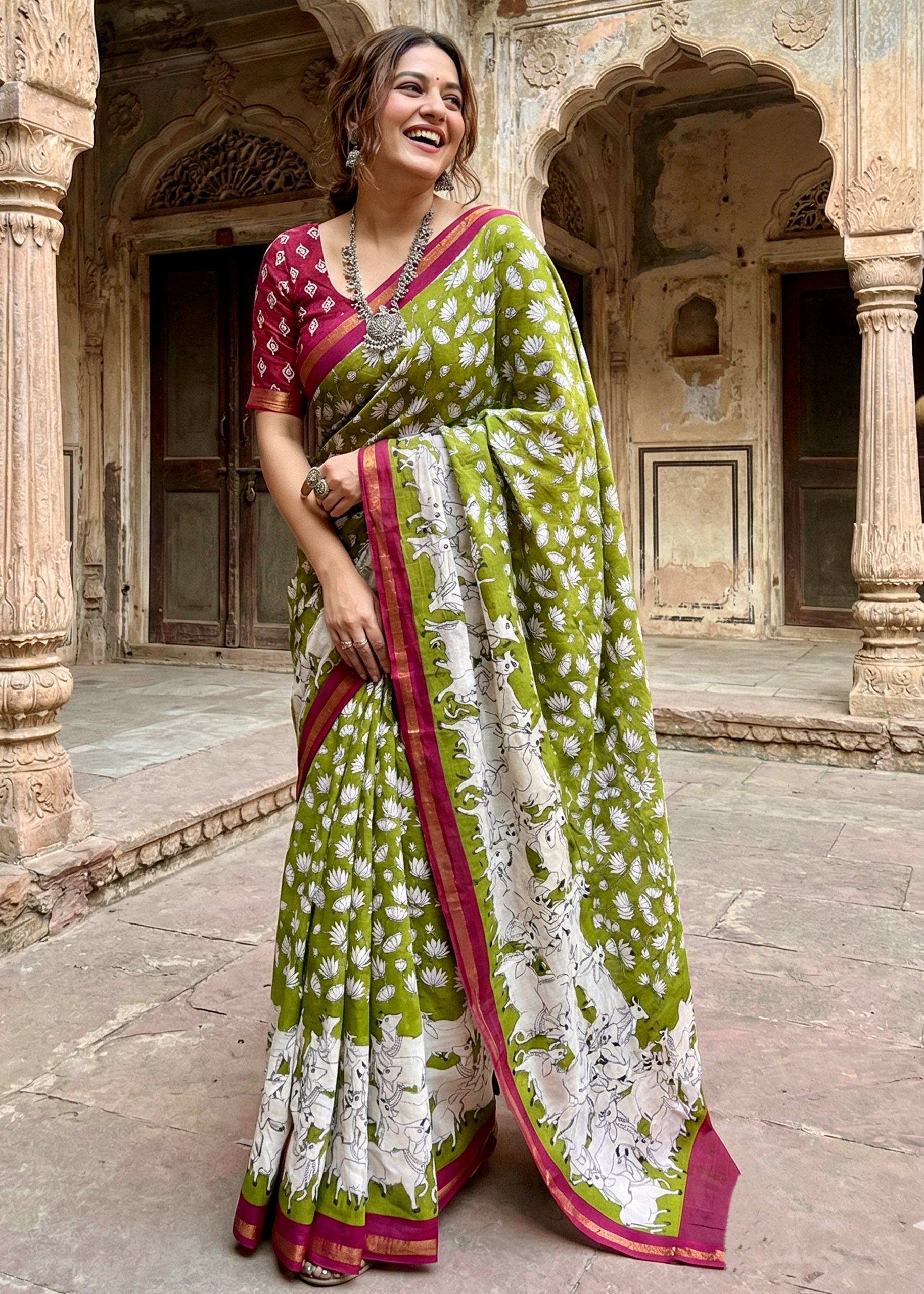 SOFT MASLIN  MULMUL COTTON WITH HEAVY ZARI BORDER MEHANDI GREEN SAREE WITH BLOUSE