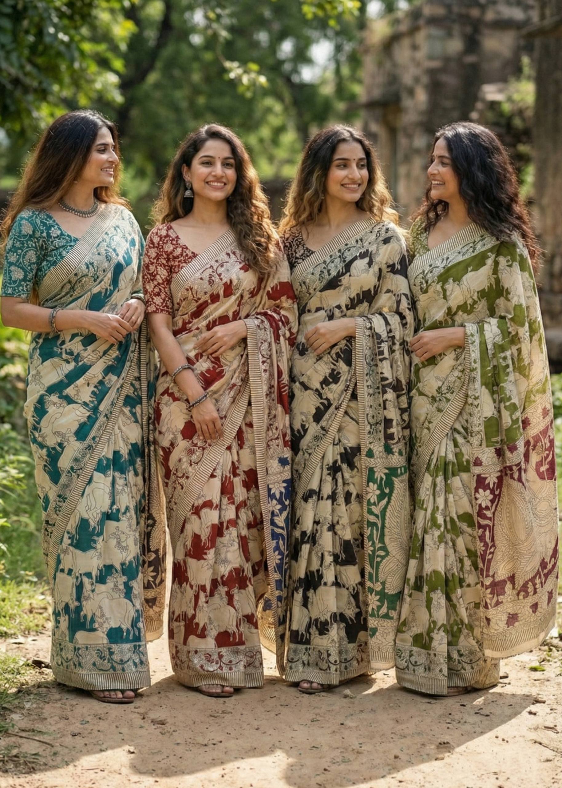 PURE KALAMKARI MULMUL COTTON HAND BLOCK PRINT TEAL SAREE WITH BLOUSE