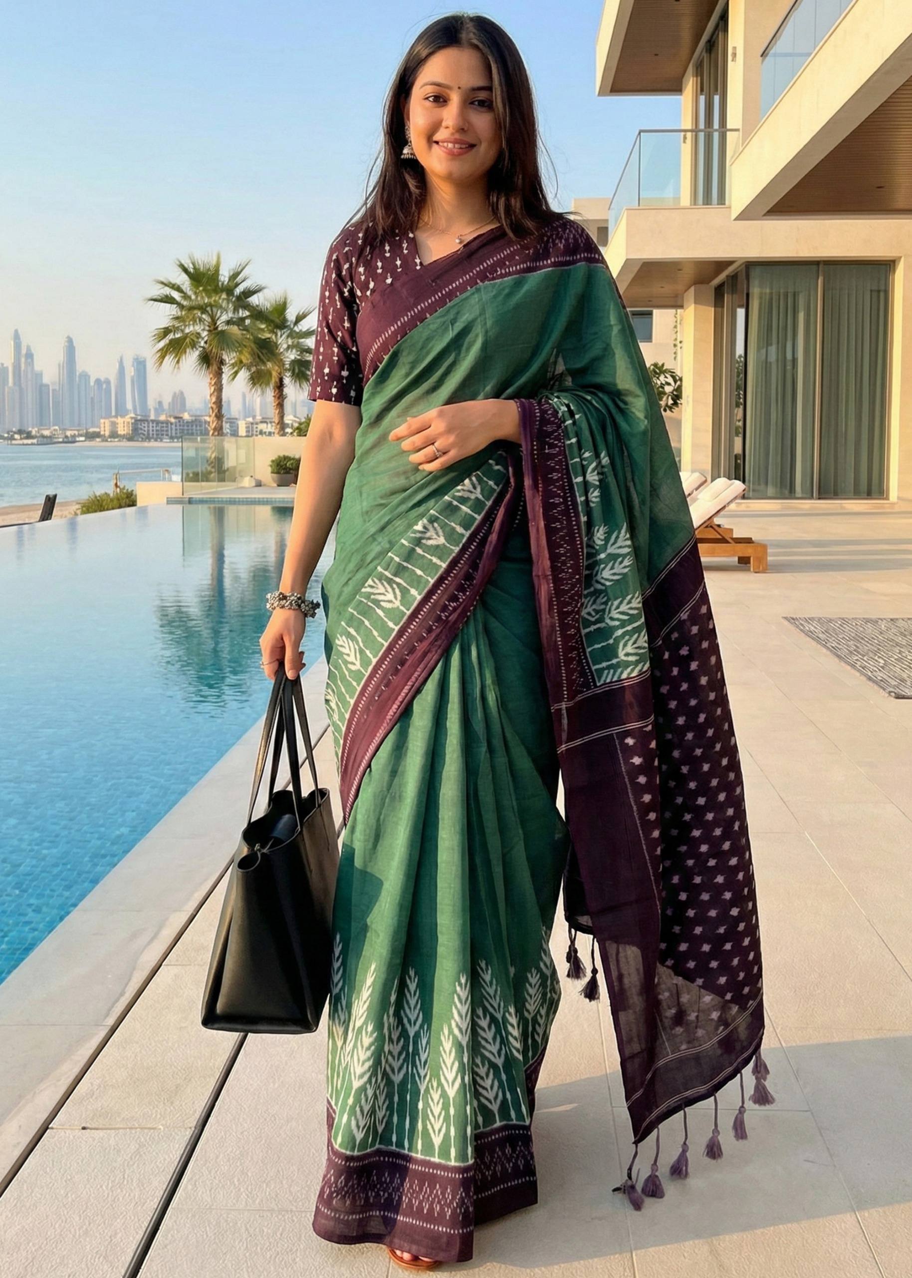 PURE COTTON HAND IKKAT BLOCK PRINT TEAL SAREE WITH BLOUSE