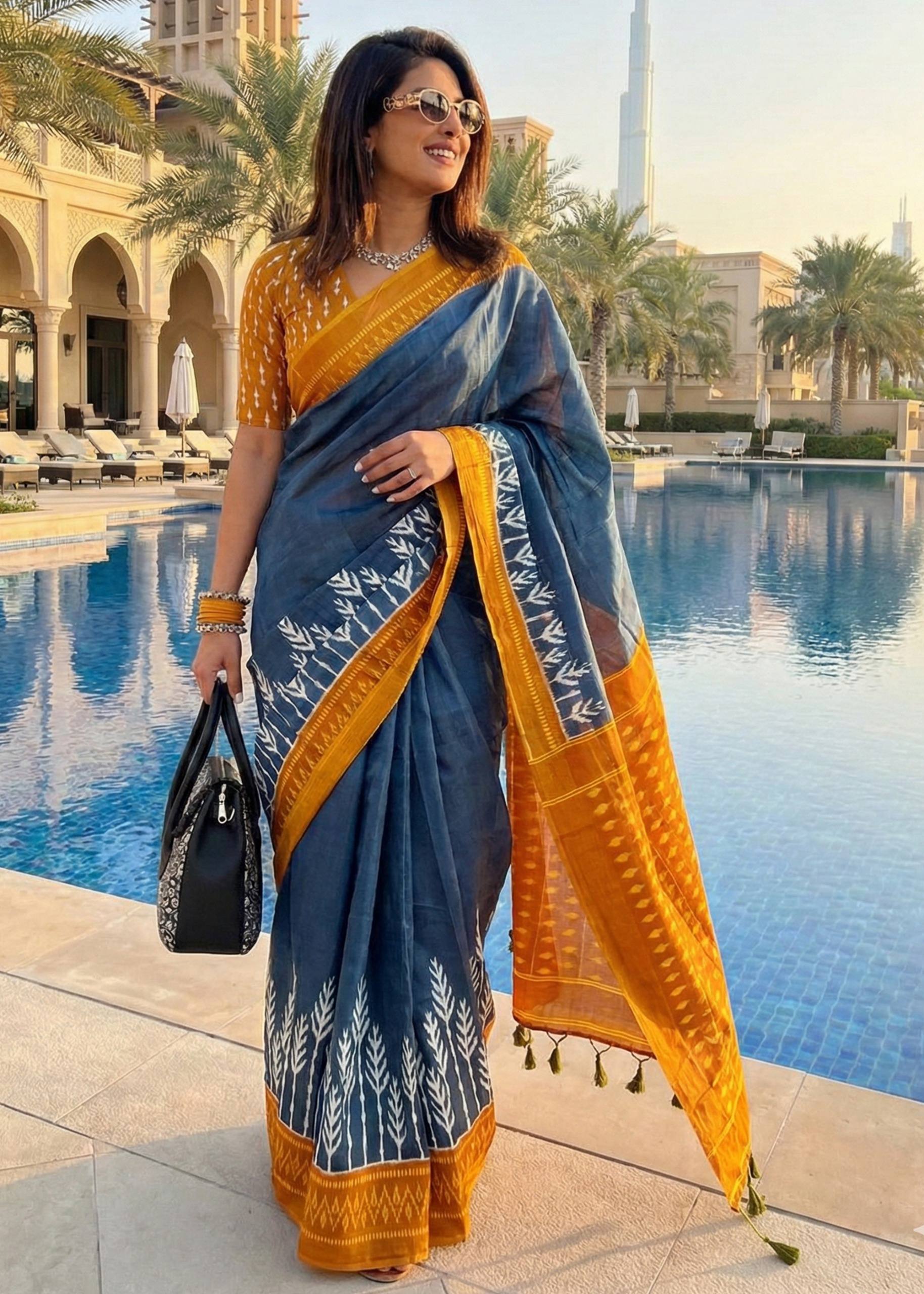 PURE COTTON HAND IKKAT BLOCK PRINT NEVY BLUE SAREE WITH BLOUSE