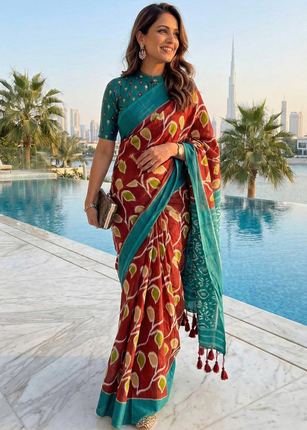 SOFT PURE COTTON HAND BAGRU PRINT MAROON SAREE WITH BLOUSE