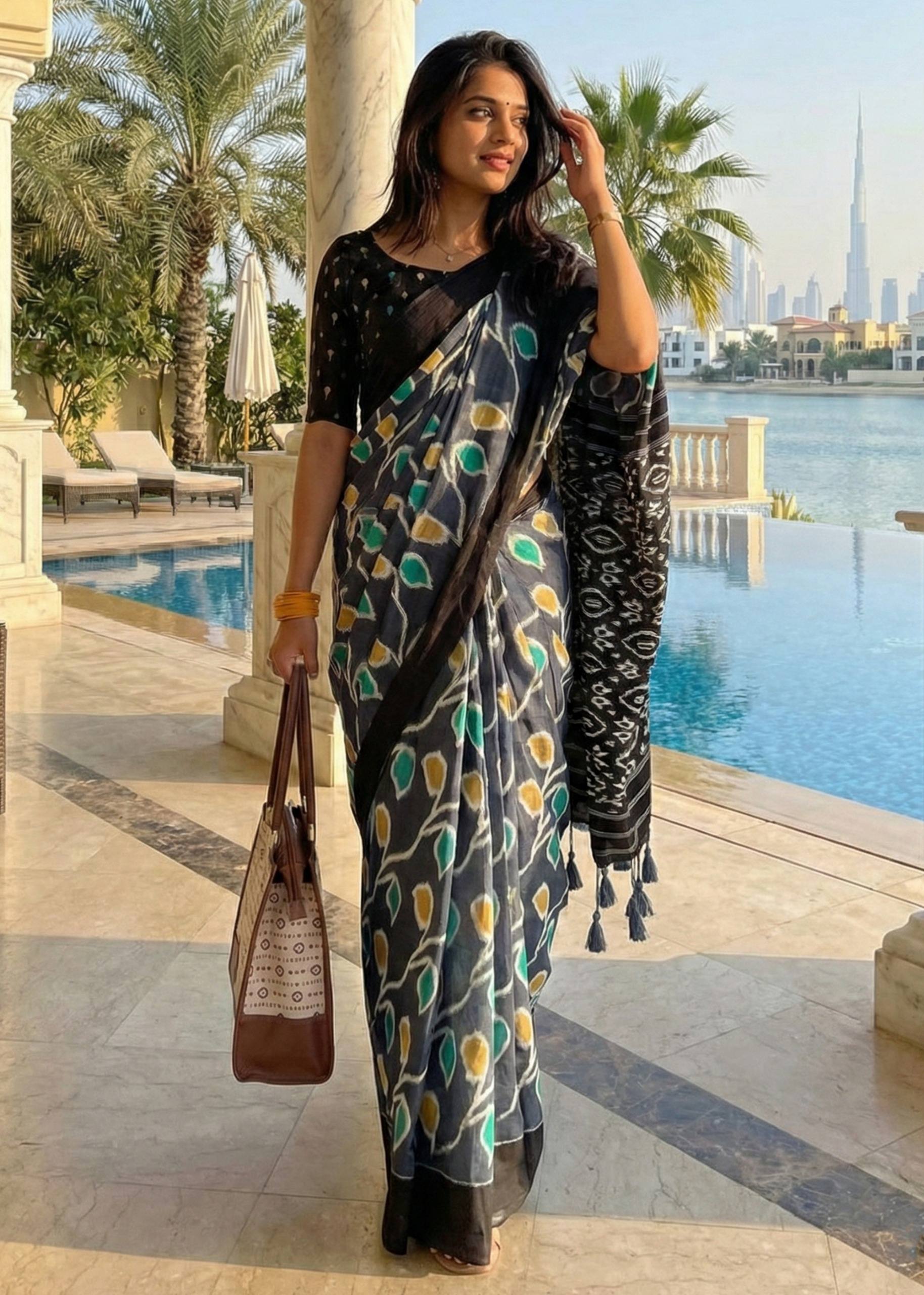 SOFT PURE COTTON HAND BAGRU PRINT BLACK SAREE WITH BLOUSE