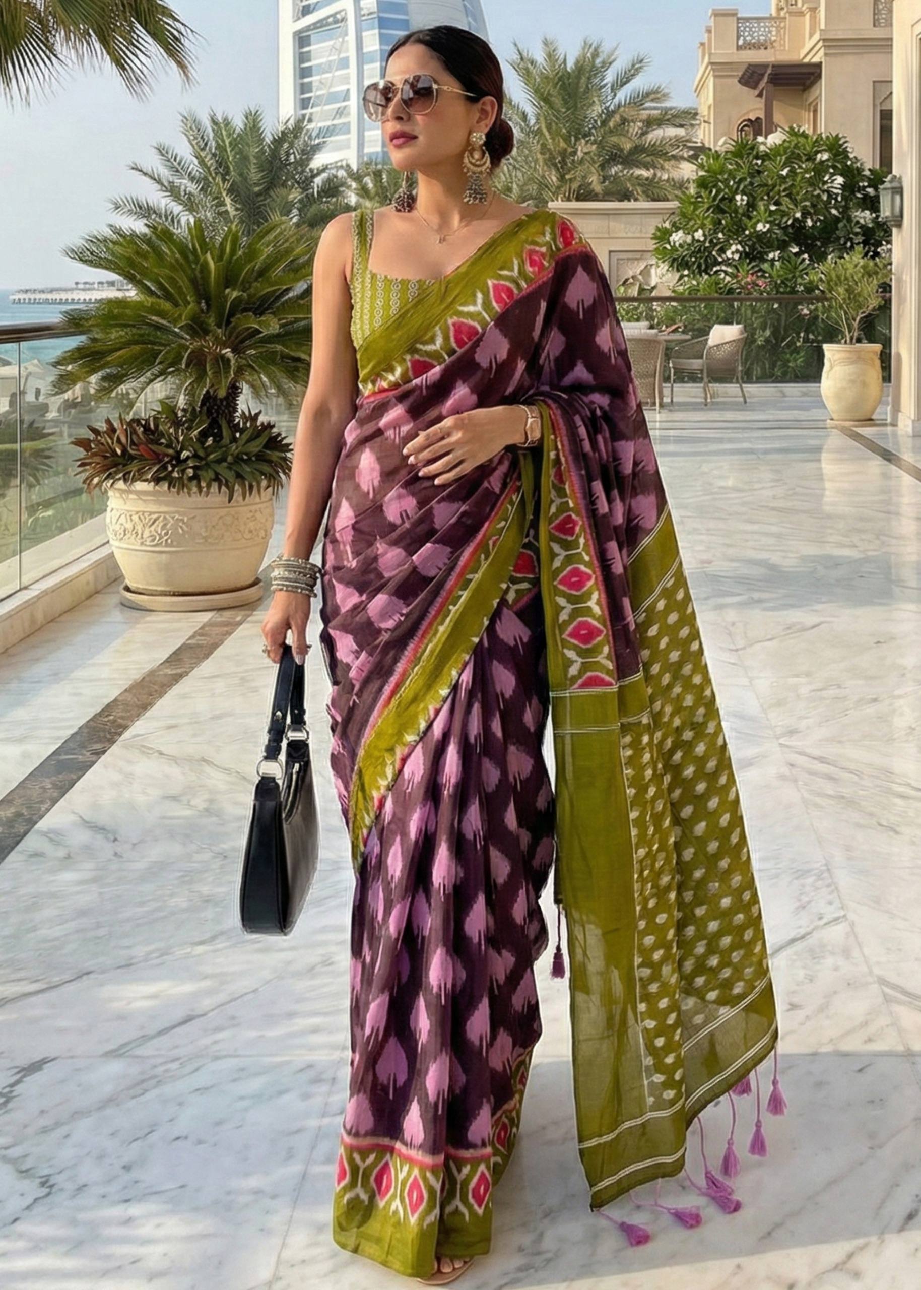 SOFT PURE COTTON HAND BAGRU PRINT PURPLE SAREE WITH BLOUSE