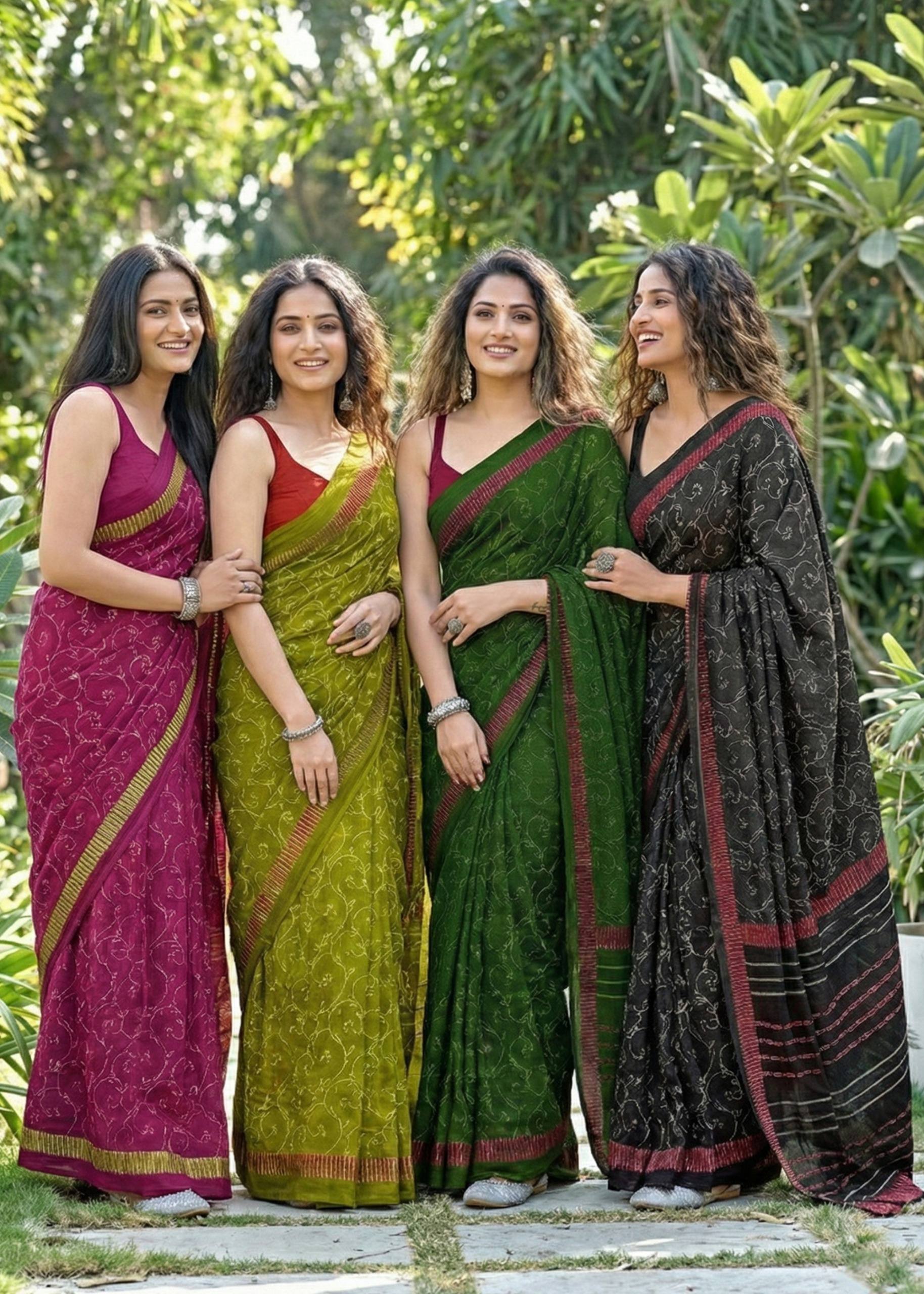 SOFT PURE MULMUL COTTON BAGRU BLOCK PRINT GREEN SAREE WITH BLOUSE