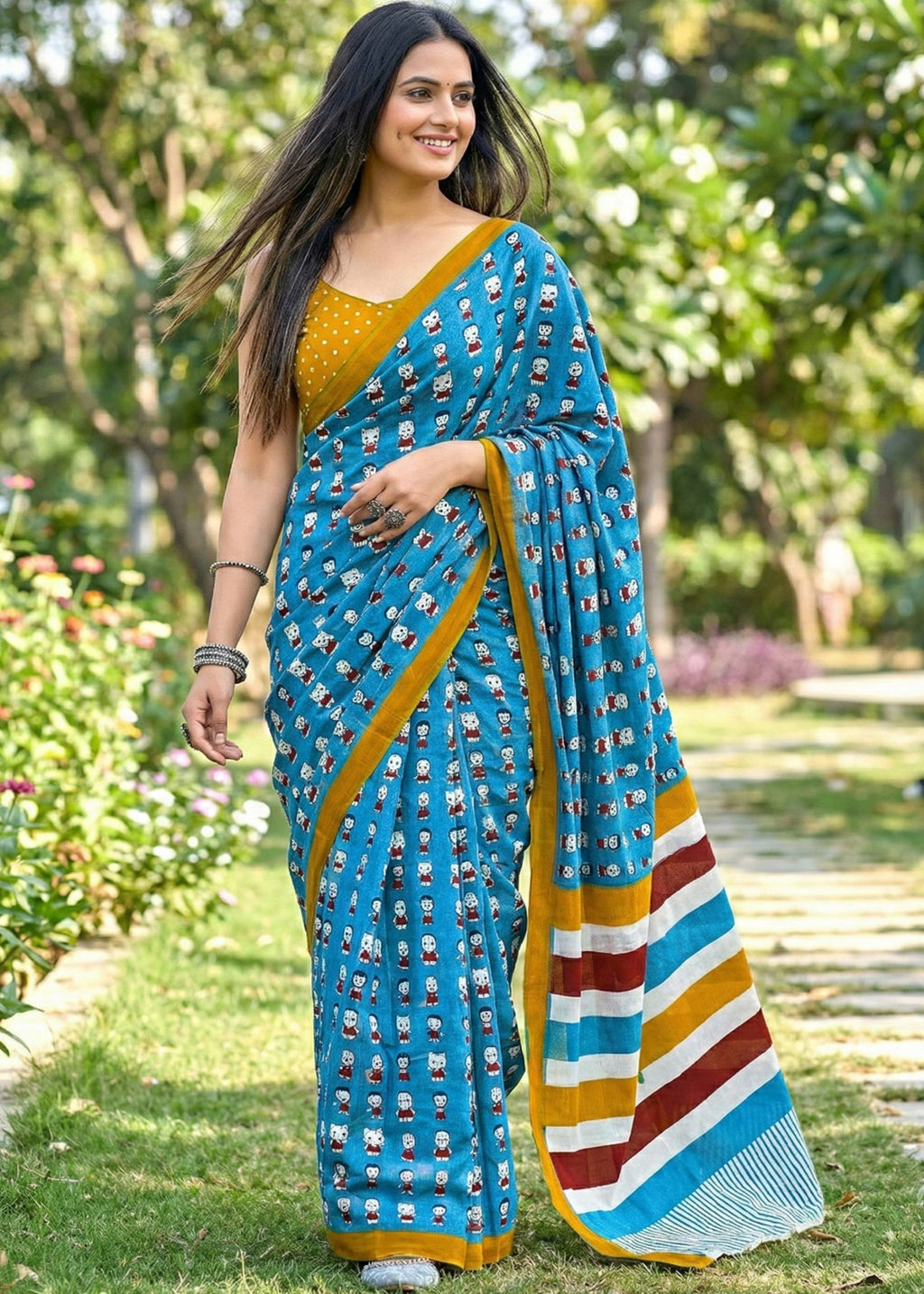 SOFT PURE  MULMUL COTTON FANCY BAGRU BLOCK PRINT SKY BLUE SAREE WITH BLOUSE