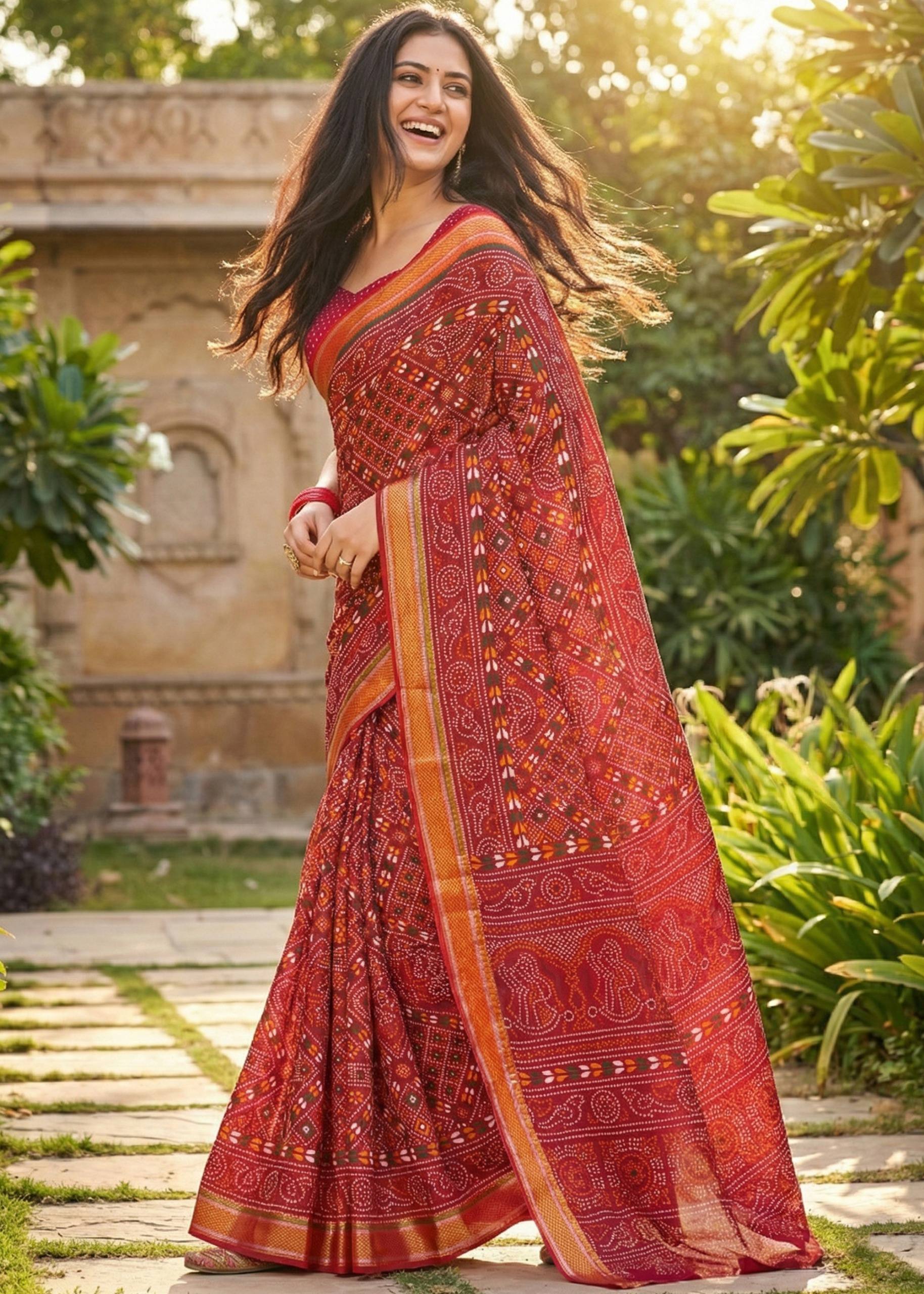 PURE MULMUL COTTON HAND BLOCK BANDHANI PRINT WITH HEVAY ZARI BORDER RED SAREE WITH BLOUSE