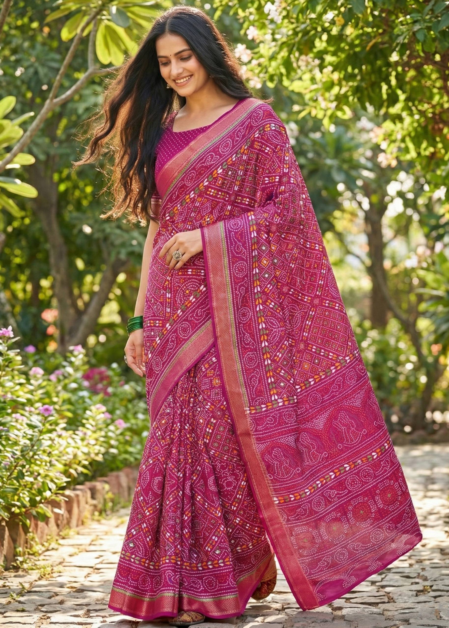 PURE MULMUL COTTON HAND BLOCK BANDHANI PRINT WITH HEVAY ZARI BORDER PINK SAREE WITH BLOUSE
