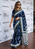 BAGRU BLOCK PRINT SOFT MASLIN COTTON WITH ZARI BORDER NEVY BLUE SAREE WITH BLOUSE