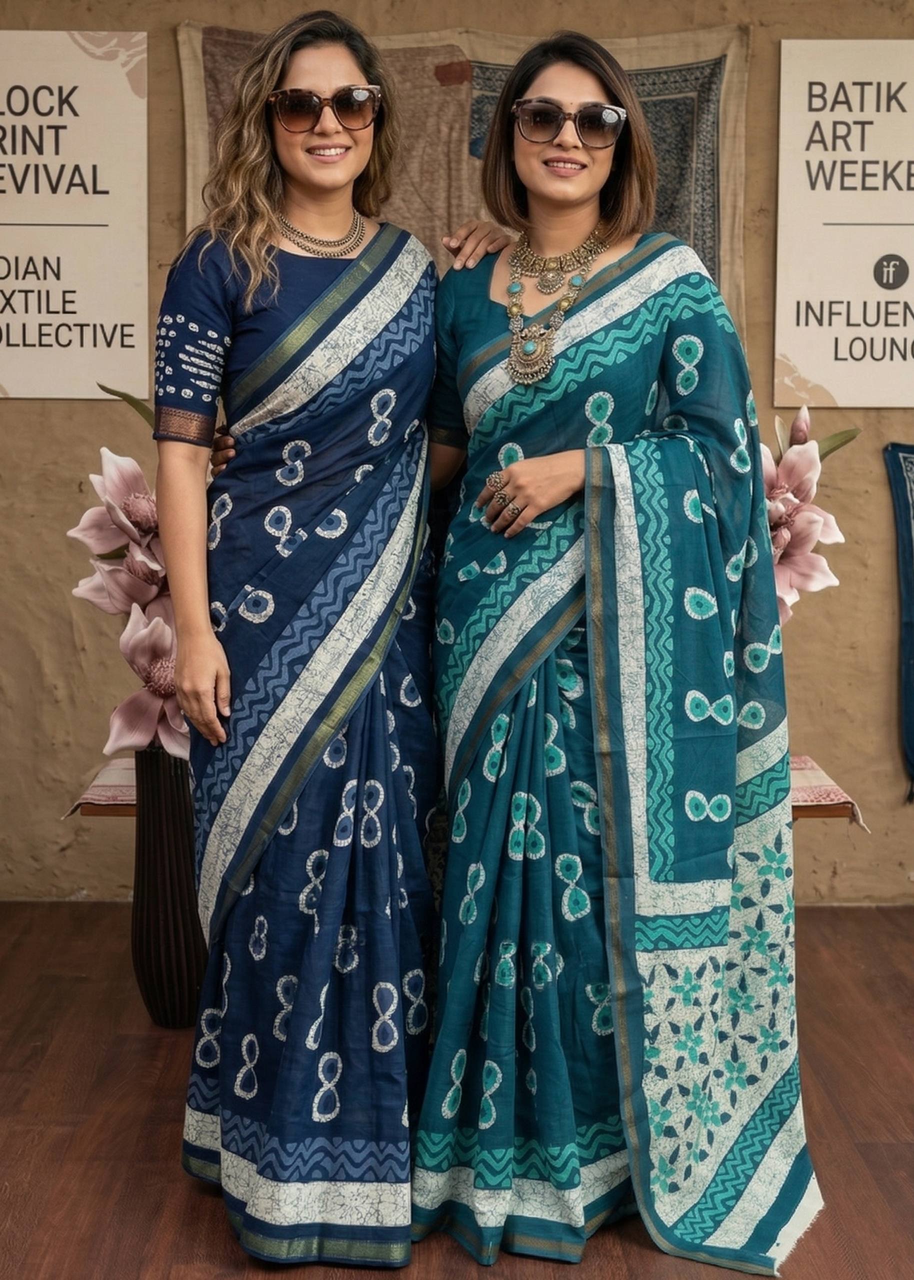 BAGRU BLOCK PRINT SOFT MASLIN COTTON WITH ZARI BORDER TEAL SAREE WITH BLOUSE
