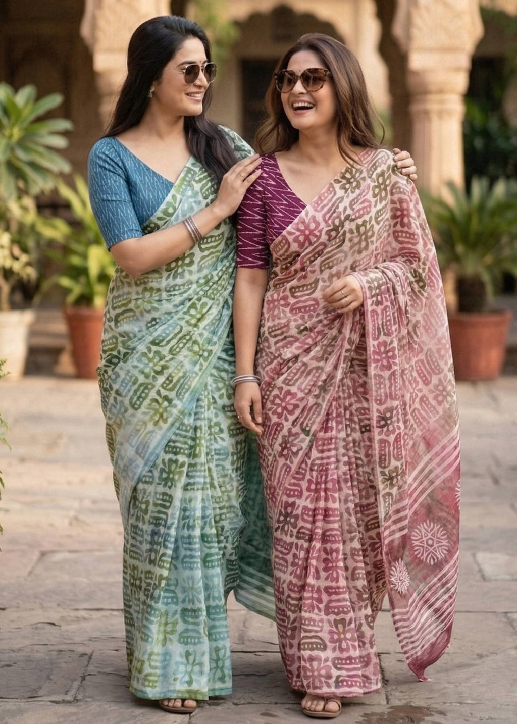 PURE SOFT MULMUL COTTON BATIK HAND BLOCK PRINT PISTA GREEN SAREE WITH BLOUSE
