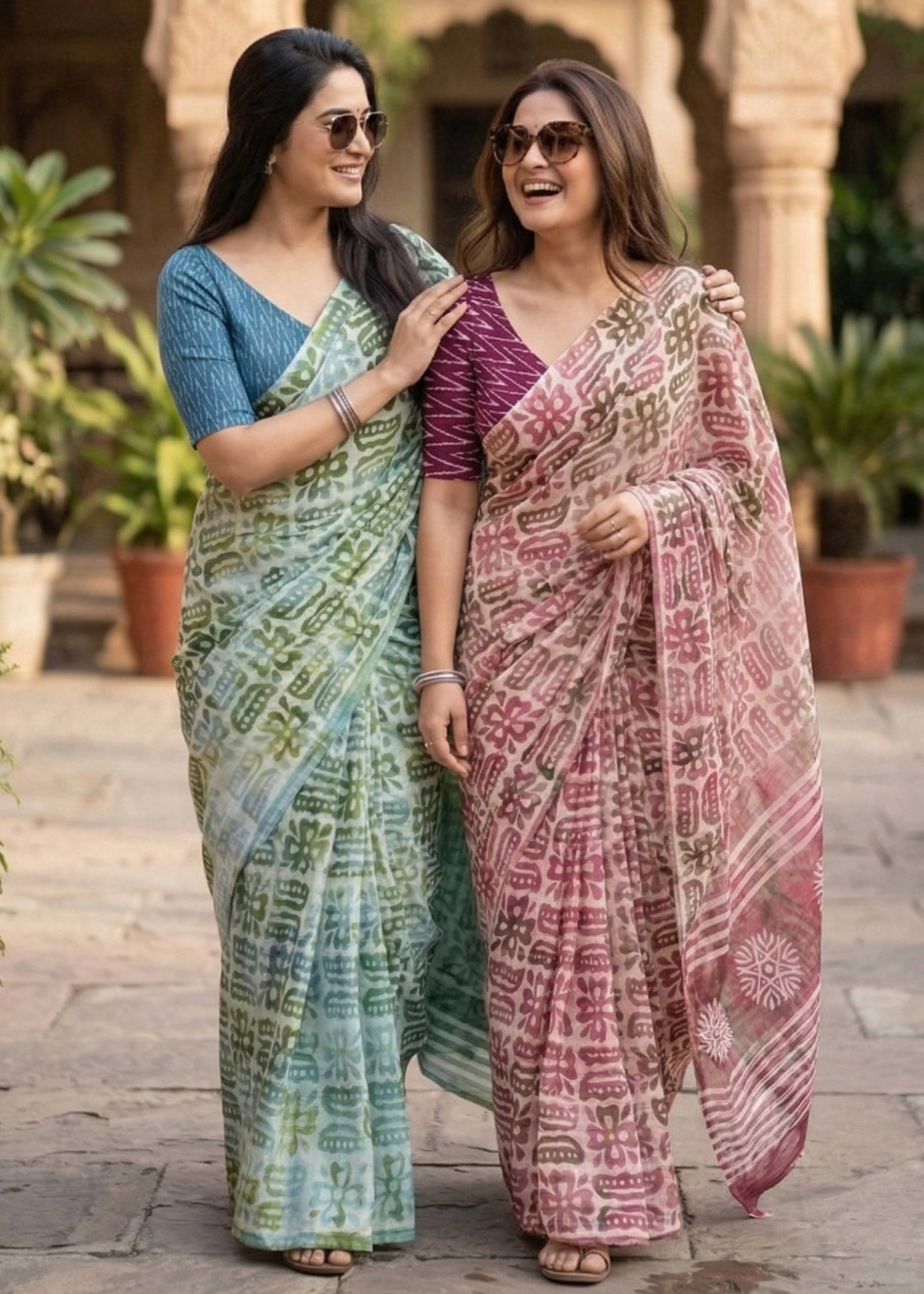 PURE SOFT MULMUL COTTON BATIK HAND BLOCK PRINT PISTA GREEN SAREE WITH BLOUSE